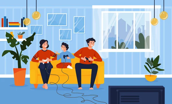 Ευτυχισμένη Οικογένεια Που Παίζει Βιντεοπαιχνίδια Στην Κονσόλα Επίπεδη Διανυσματική Απεικόνιση — Διανυσματικό Αρχείο