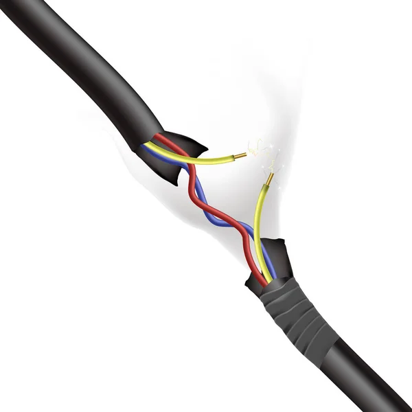 Beyaz Arkaplan Vektör Illüstrasyonunda Elektrik Kıvılcımlı Gerçekçi Hasarlı Kablo — Stok Vektör