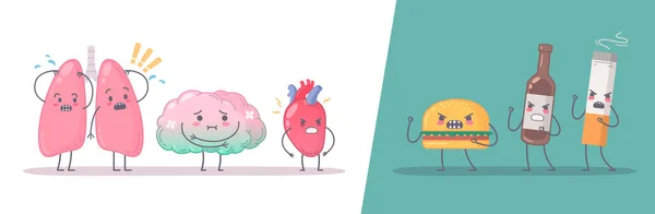 健康な臓器や危険な習慣の漫画スタイルの文字と2つの組成物の人間の臓器セットベクトルイラスト — ストックベクタ