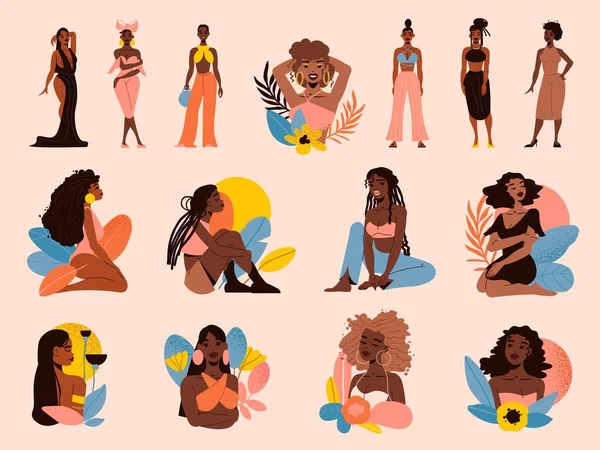 Chica Negra Icono Color Mujer Conjunto Hermosas Chicas Con Diferentes — Archivo Imágenes Vectoriales