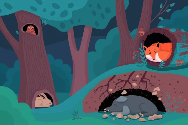 Nacht Wald Cartoon Hintergrund Mit Wilden Tieren Schlafen Baum Hohl — Stockvektor