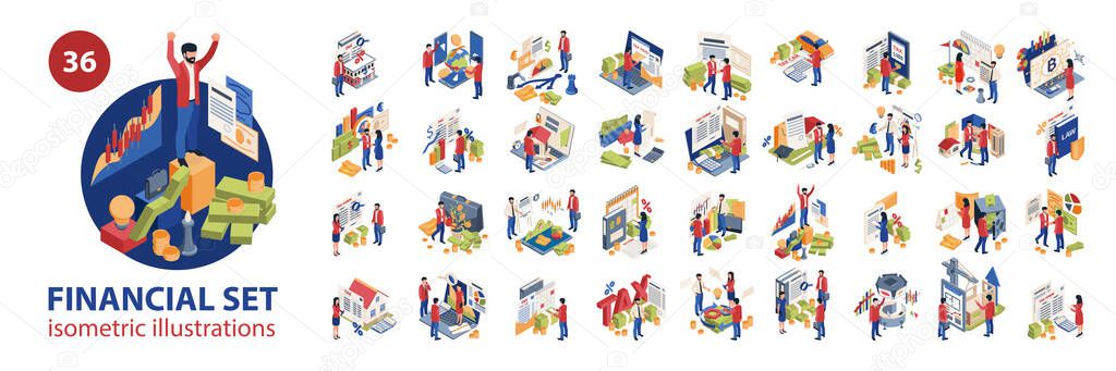 Isometric investments taxes finance set with isolated icons compositions of human characters stocks market and money vector illustration