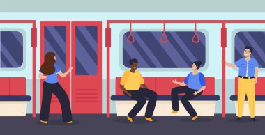 Metro vagonunda oturan ve ayakta duran insanlar düz vektör çizimi