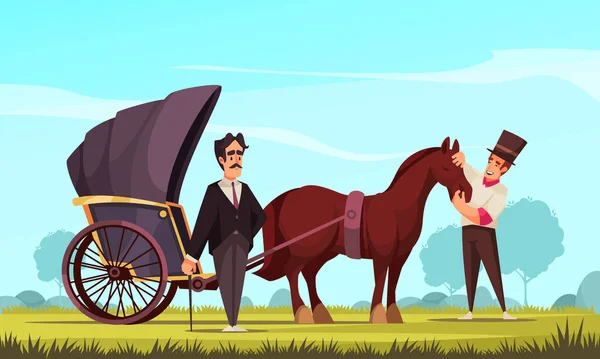 Paard Getrokken Voertuig Cartoon Achtergrond Met Fokker Vertegenwoordigen Paard Harnessed — Stockvector