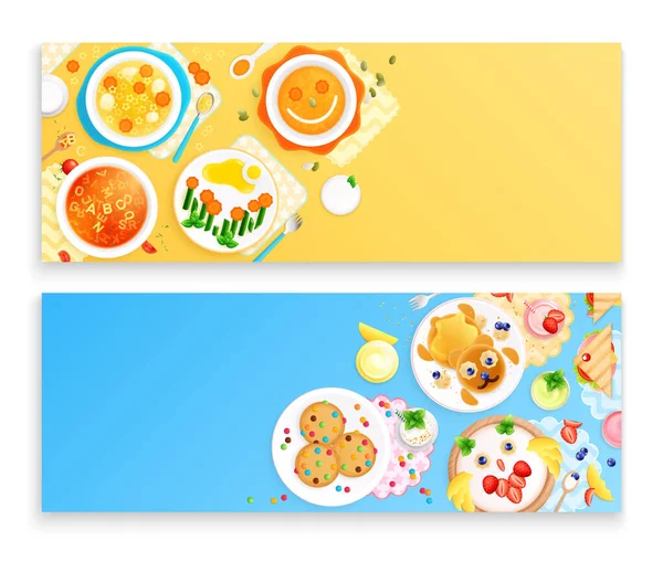 Childish dishes food design flat set of two horizontal banners with top views of served food vector illustration