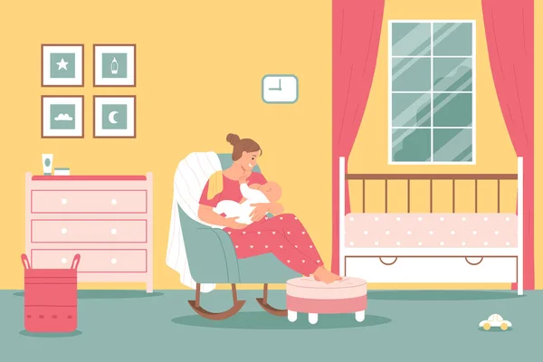 Amamentação Mulher Composição Colorida Senta Cadeira Berçário Amamenta Seu Bebê —  Vetores de Stock