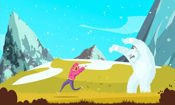 Yeti menakut-nakuti gadis yang melarikan diri dalam keadaan kartun horor latar belakang datar vektor ilustrasi — Stok Ilustrasi Yeti Menakut Nakuti Gadis Yang Melarikan Diri Dalam Keadaan Kartun Grafik Vektor