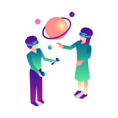 Artırılmış gerçeklikteki izole edilmiş insan karakterlerinin boş arkaplan vektör illüstrasyonunda izole edilmiş sanal gerçeklik bileşimi