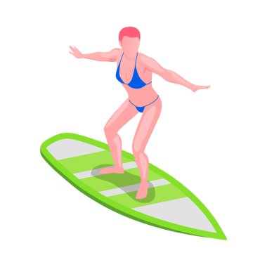 Su sporları izometrik kompozisyonu. Aqua spor ekipmanı illüstrasyonu olan bir sporcu karakteri.