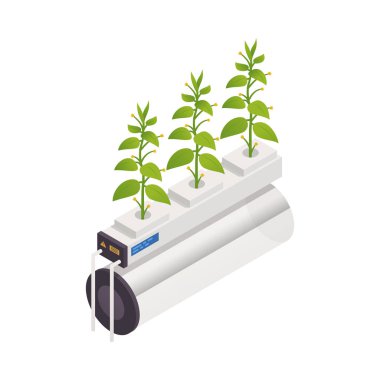 Modern yeşil ev izometrik kompozisyonu fütüristik bahçe aletlerinin izole edilmiş görüntüsü akıllı bahçe vektör çizimi