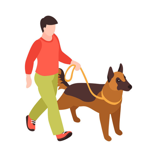 Isometric one day dog man owner composition with isolated image of puppy with human character vector illustration