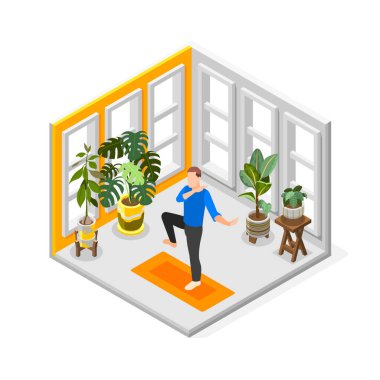 Dünya Tai Chi ve qigong günü izometrik kompozisyonu oda vektör illüstrasyonunda pratik yapan bir adamla.