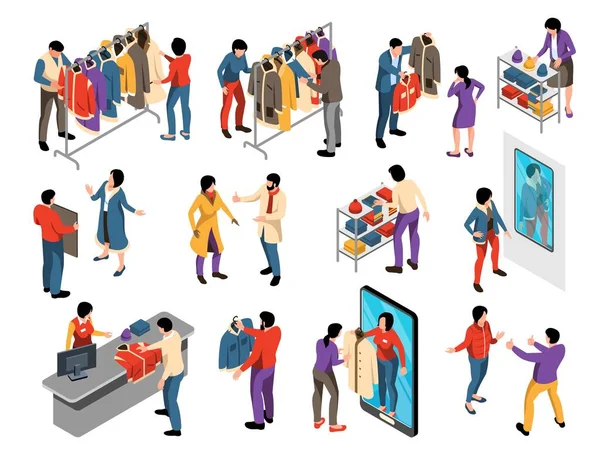 Moda mağazalarının izole edilmiş rafları, rayları ve alışveriş yapan insanların karakter çizimleri ile donatılmış Isome dış giyim mağazası.