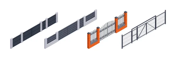 Isometric Set Modern Gates Fence Blocks Isolated Vector Illustration — Stock Vector