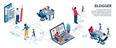 Metin yazarı ve gazeteci sembolleri vektör illüstrasyonlu Isometric video blogger bilgi grafikleri