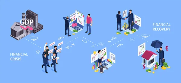 Composition Isométrique Crise Entreprise Avec Organigramme Des Icônes Reprise Financière — Image vectorielle