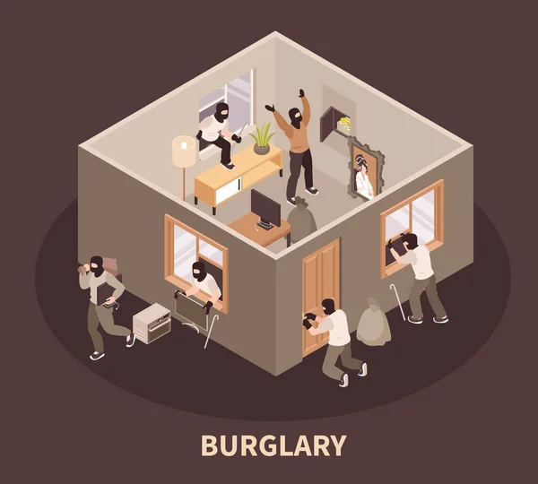 Escena Robo Criminal Isométrico Con Ladrón Irrumpiendo Casa Vector Ilustración — Vector de stock