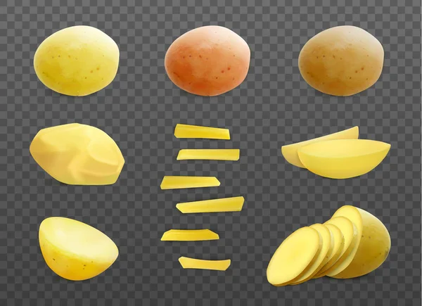 Kabuksuz Çubuksuz Taze Patateslerin Izole Edilmiş Görüntüleriyle Patates Gerçekçi Seti — Stok Vektör