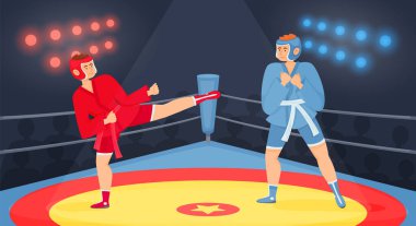 Fighters flat composition with indoor view of boxing ring with audience silhouettes lights and fighting kickboxers vector illustration clipart