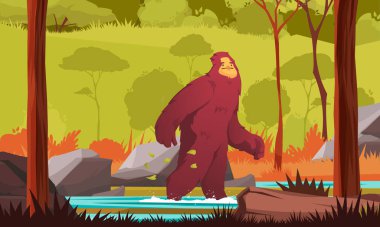 Yeti ormanda tek başına yürüyor. Çizgi film renkli arka plan düz vektör çizimi.