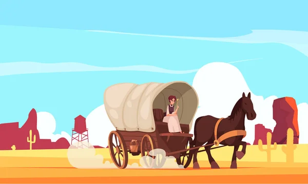 南方自然背景矢量图上的马画古董车卡通画 女孩坐在有盖的马车上 — 图库矢量图片