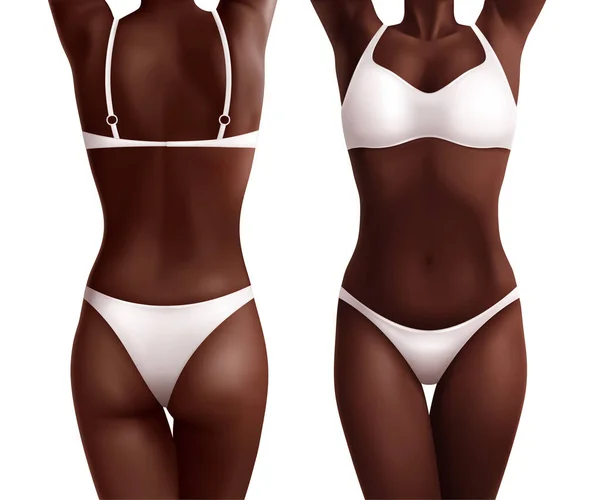 黒の女性の体は アフリカ系アメリカ人の女の子のフロントとリアのベクトルイラストの2つの現実的なビューで設定 — ストックベクタ