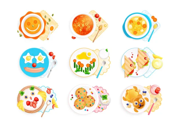 Platos Infantiles Diseño Alimentos Conjunto Plano Con Composiciones Aisladas Comida — Archivo Imágenes Vectoriales
