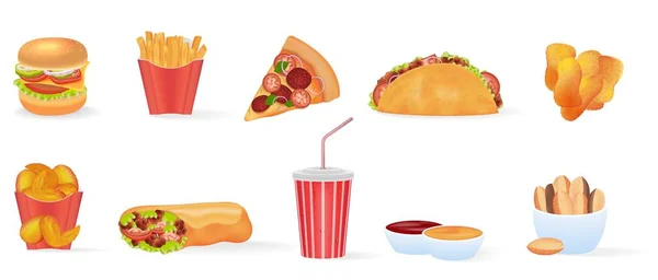 Fast Food Ensemble Réaliste Avec Burger Pizza Fizzy Chips Sauce — Image vectorielle