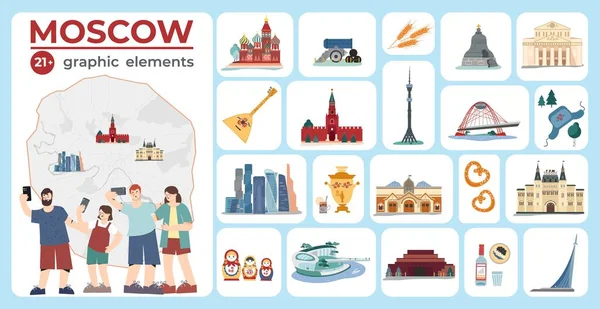 Moscow Map Set Isolated Compositions Flat Icons City Sights Landmarks — Stock Vector