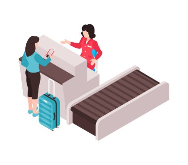 Isometric havaalanı kompozisyonu, insan karakterleri vektör illüstrasyonu ile izole edilmiş havaalanı bölgesi