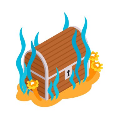 Isometric sualtı dalış kompozisyonu, izole edilmiş klasik göğüs ve yosun vektör çizimi.