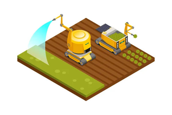 农业机器人等距组成与锄耕种植 浇灌和收获机械载体图解 — 图库矢量图片