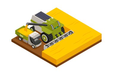 Tarımsal robotlar, çapalayan, çapalayan, eken, sulayan, gübreleyen ve makine vektör illüstrasyonunu hasat eden izometrik bileşim.