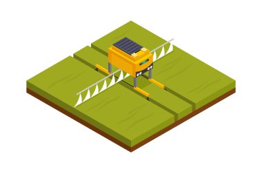 Tarımsal robotlar, çapalayan, çapalayan, eken, sulayan, gübreleyen ve makine vektör illüstrasyonunu hasat eden izometrik bileşim.