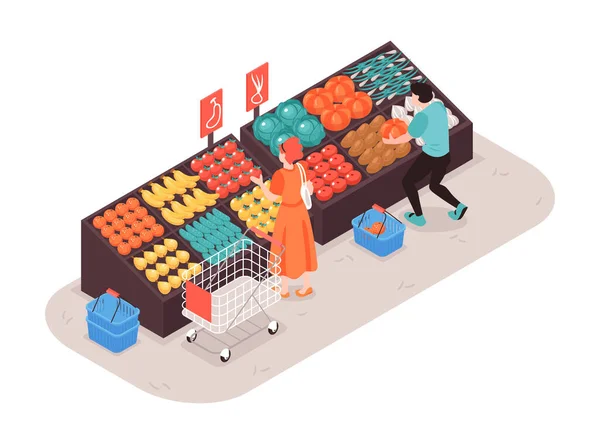 Composição Isométrica Supermercado Com Vista Seção Loja Autoatendimento Com Ilustração —  Vetores de Stock