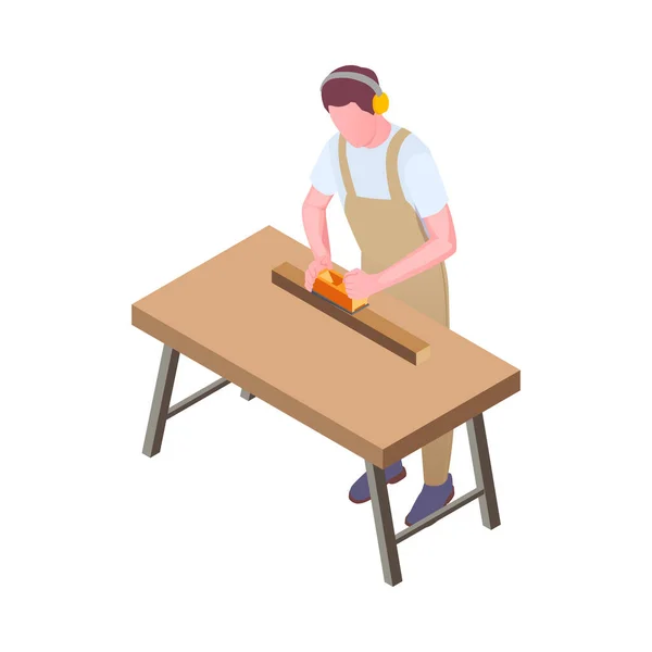 Möbelproduktion Isometrisk Sammansättning Med Karaktär Arbetare Uniform Och Träslöjd Vektor — Stock vektor