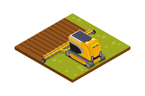 Agricultural Robots Isometric Composition Hoeing Plowing Planting Watering Fertilizing Harvesting — Stock Vector