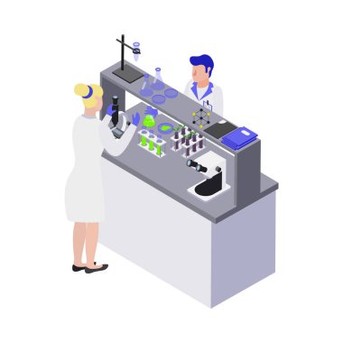 Laboratuvar çevresi illüstrasyonunda insan karakteriyle Gmo biyomühendisliği izometrik bileşimi.