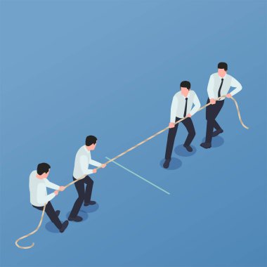 Erkek katiplerin vektör illüstrasyonunun karakterleri tarafından oynanan sıfır toplam oyununun izometrik görünümlü liderlik bilgi kompozisyonu