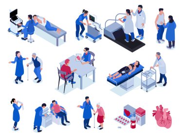 Kardiyolog izometrik ikonlar, izole edilmiş vektör illüstrasyonundaki hastalar için randevu kontrolü danışmanlığı yapan tıbbi uzmanlar kümesi.