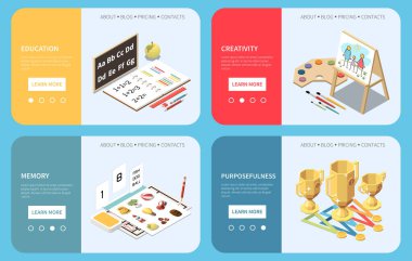 Okul öncesi eğitim yaratıcılığı hafıza geliştirme amaçlılığı izometrik yatay web pankartları izole edilmiş 3d vektör illüstrasyonunu ayarladı
