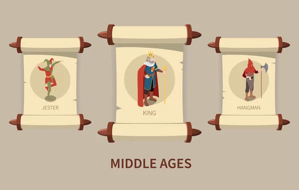 Середньовіччя Ізометричний Набір Королем Жартівливим Ізольованим Векторні Ілюстрації — стоковий вектор