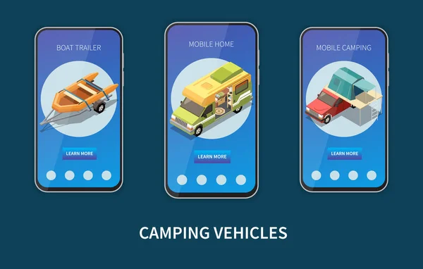 Camping Van Samenstelling Met Boot Aanhangwagen Symbolen Isometrische Geïsoleerde Vector — Stockvector