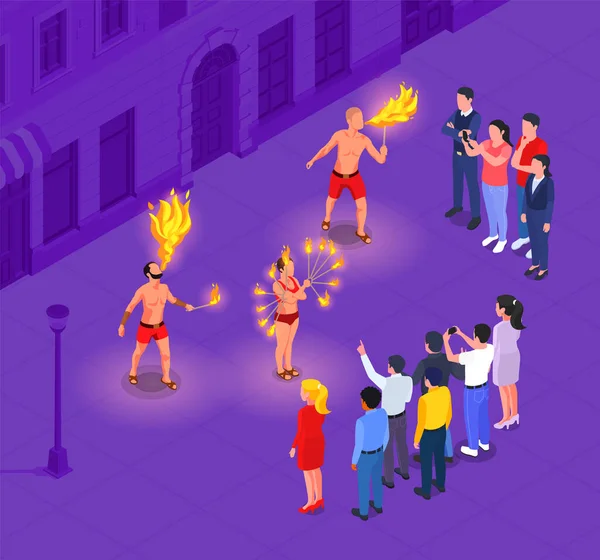 Fire Show Performance City Street Isometric Composition Vector Illustration — Stock Vector