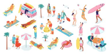 Tatil sembolleri izometrik izole vektör illüstrasyonu ile yaz tatili rengi belirlendi