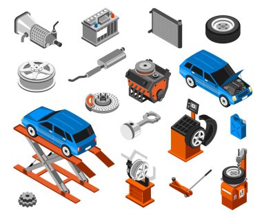 Otomatik yedek parçaları ve izole edilmiş vektör illüstrasyonlu teşhis araçları ile Isometric araba tamir simgeleri