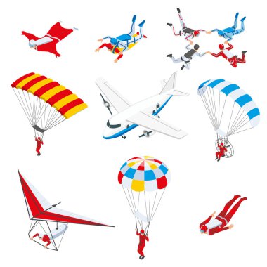 Paraşüt planörüyle gökyüzünde uçan izometrik sporcu kümesi izole edilmiş vektör çizimi.