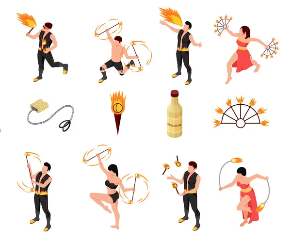 Fireshow Personas Conjunto Isométrico Con Símbolos Baile Fuego Ilustración Vectorial — Archivo Imágenes Vectoriales
