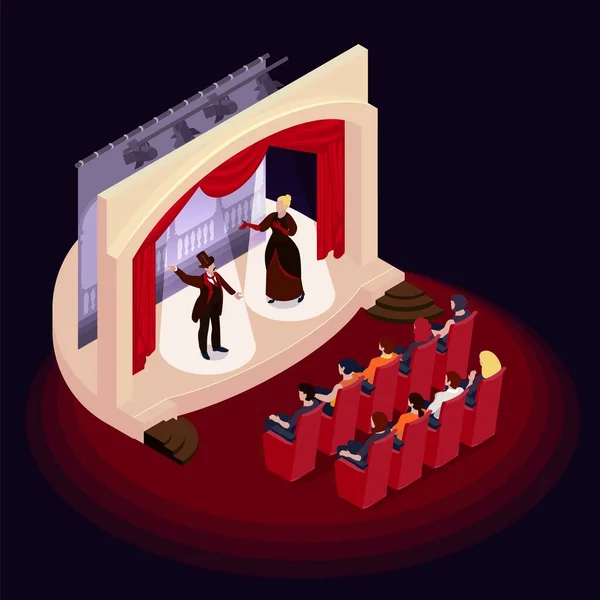Koncepcja Teatru Symbolami Spektaklu Dramatycznego Operowego Ilustracja Wektora Izometrycznego — Wektor stockowy