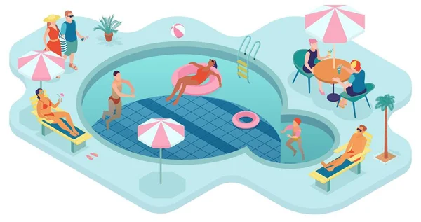 水泳や日光浴のシンボルと夏休みのコンセプト等価ベクトルイラスト — ストックベクタ